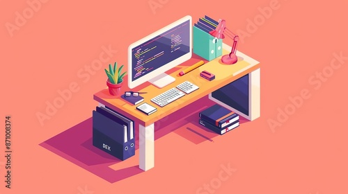 Programmer's desk, with illustrations of a programmer's desk with a computer, code, and programming books, symbolizing the work of a programmer