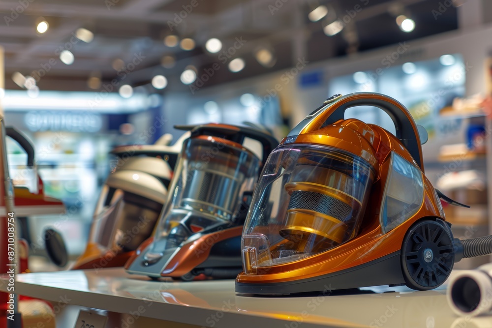 Fototapeta premium Modern Vacuum Cleaner with Versatile Attachments Displayed in a Well-Lit Showroom