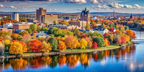 City buildings and lush autumn foliage near the Saint John River, Fredericton, New Brunswick, Canada
