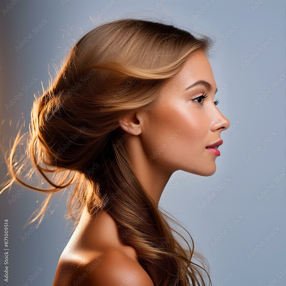 Obraz premium Portret kobiety z ciemnymi blond włosami na białym tle