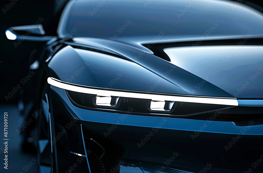 A close-up of a modern luxury car, highlighting its sharp LED headlights and aerodynamic design A close-up of a modern luxury car, highlighting its sharp LED headlights and aerodynamic design