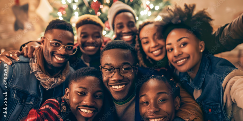Joyful Group of Young Friends Celebrating Christmas Together in Front of Decorated Tree Joyful Group of Young Friends Celebrating Christmas Together in Front of Decorated Tree