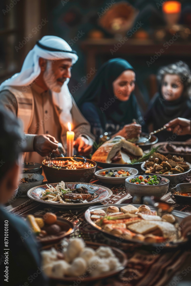 Arabic Family Dinner Gathering with Traditional Food, Candles, and Warm Atmosphere Arabic Family Dinner Gathering with Traditional Food, Candles, and Warm Atmosphere