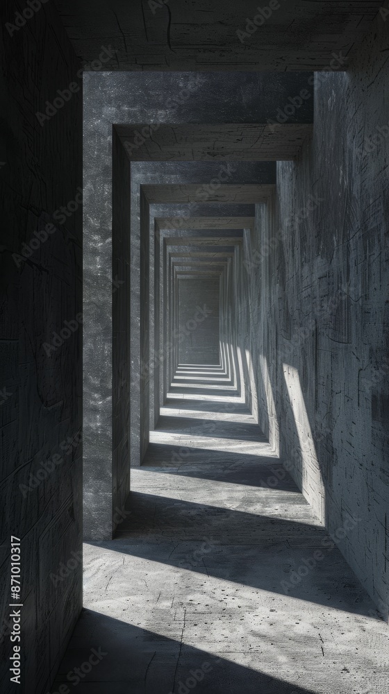 Fototapeta premium Concrete corridor with geometric patterns and shadows, minimalist architectural design concept