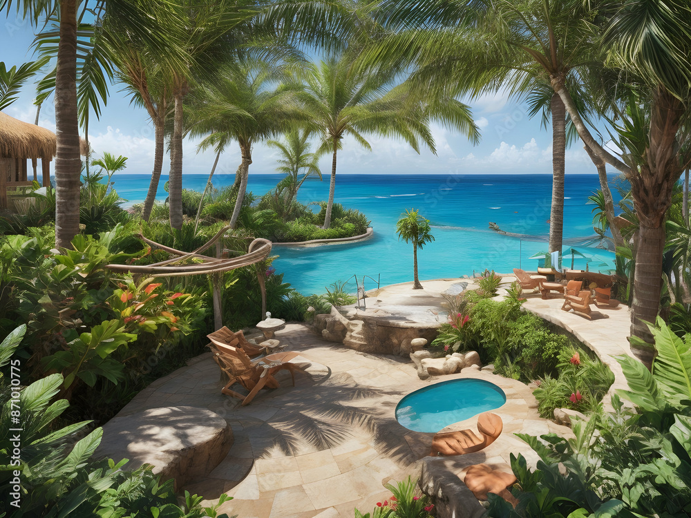Fototapeta premium pool in the tropical resort pool, beach, palm, resort, tropical, water, sea, hotel, vacation, swimming, tree, travel, summer, sky, holiday,Ai generated