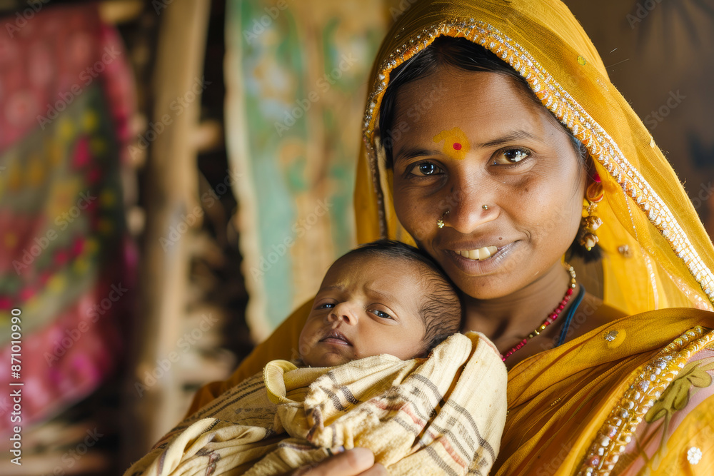 Obraz premium Smiling Mother in Traditional Dress Holding Baby in Vibrant Rural Setting