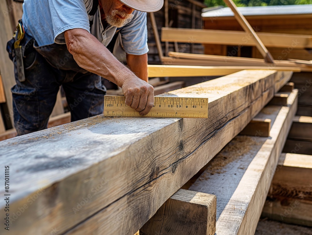 checking level of wood at construction site, Carpenter checking wooden planks with spirit level at construction site checking level of wood at construction site, Carpenter checking wooden planks with spirit level at construction site