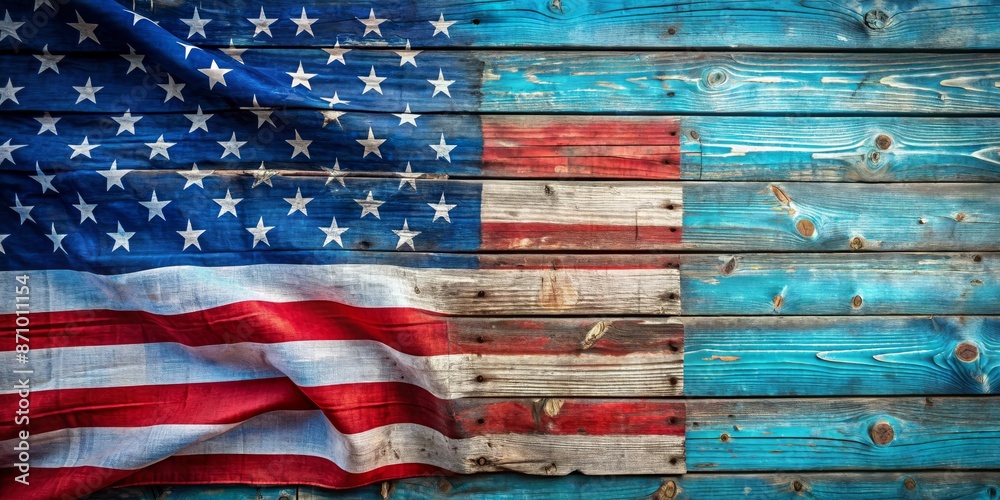 Fototapeta premium Distressed Patriotic Flag Drapery on Weathered Blue Wood
