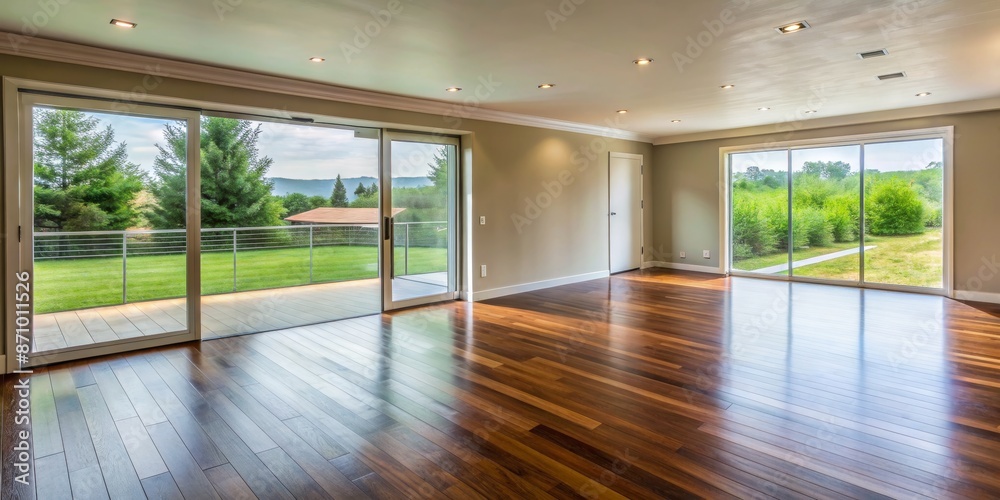 Empty living room interior with sliding glass doors and wooden floor, no people. Empty living room interior with sliding glass doors and wooden floor, no people.