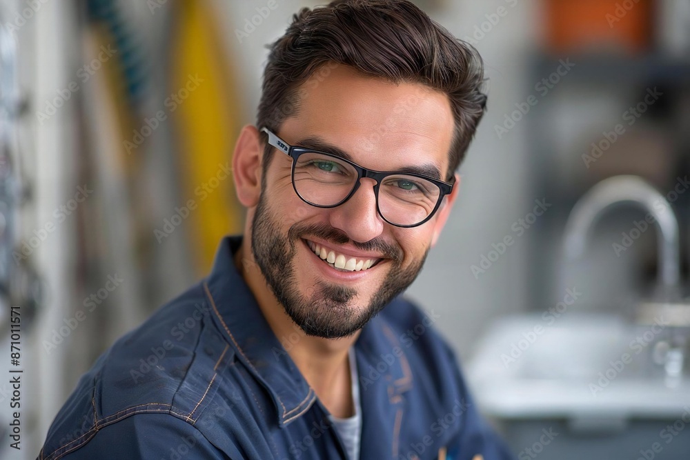 Plumber wearing eyeglasses and a well-groomed beard, smiling and writing on clipboard in front of washbasin.