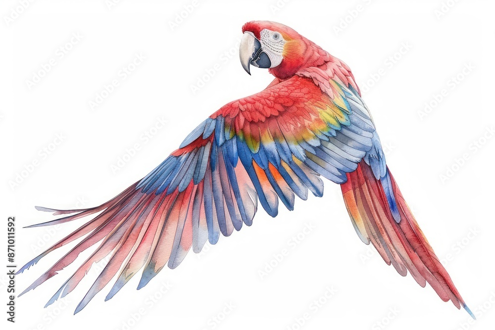 Obraz premium Macaw, bird, Pastel-colored, in hand-drawn style, watercolor, isolated on white background