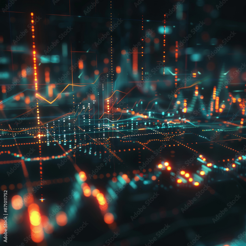 A luminous abstract candlestick forex chart with index and grid on a dark background. Investment, trading, finance, and stock market theme. 3D rendering. A luminous abstract candlestick forex chart with index and grid on a dark background. Investment, trading, finance, and stock market theme. 3D rendering.