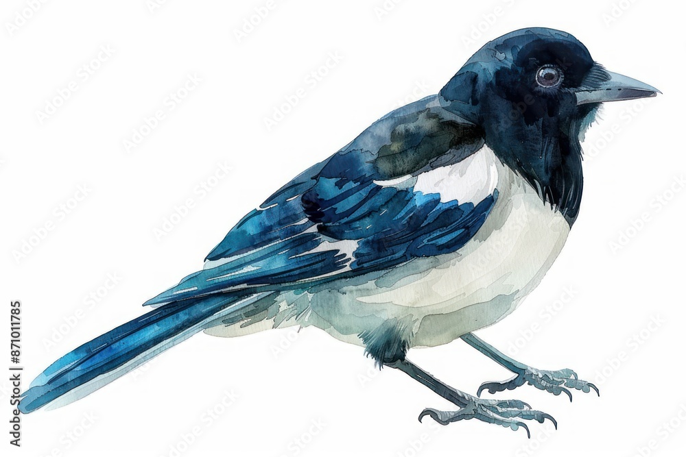 Obraz premium Magpie, bird, Pastel-colored, in hand-drawn style, watercolor, isolated on white background