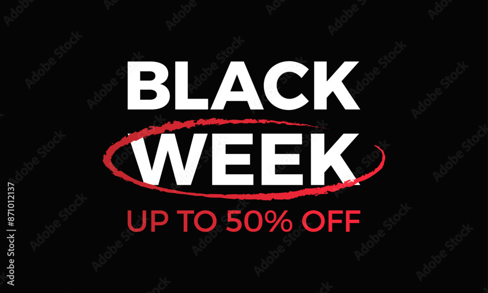 Fototapeta premium Black week sale logo banner. Up to 50% off