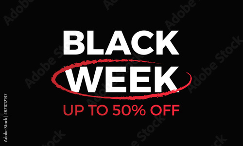 Black week sale logo banner. Up to 50% off