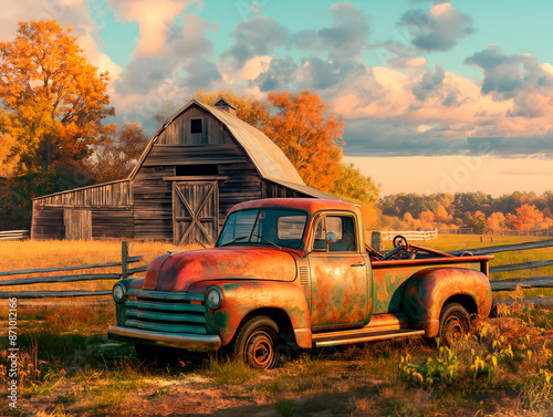 Rustic truck and barn in autumn, vibrant fall colors, countryside scene