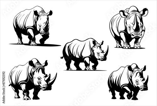 Rhinoceros white and black illustration logo and t-shirt design.