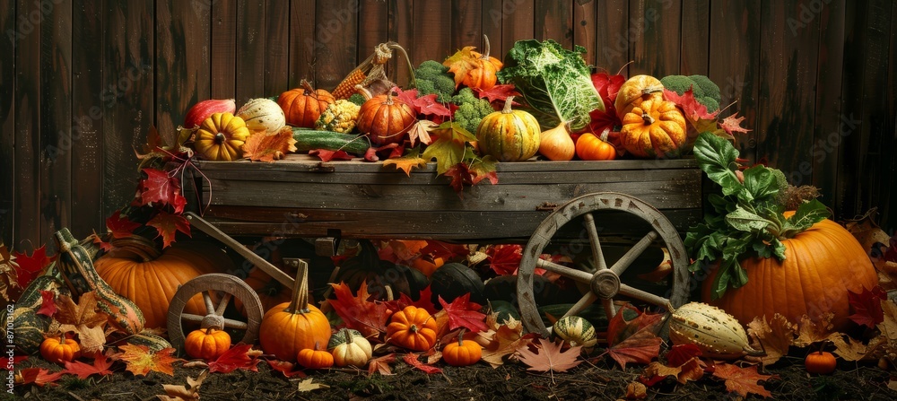 custom made wallpaper toronto digitalAutumn Harvest Display with Rustic Wooden Cart and Seasonal Vegetables for Fall Decor and Celebrations