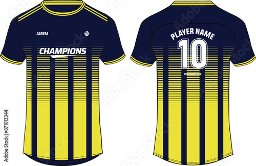 Sports jersey t shirt design concept vector template, Stripe abstract printed Round neck football jersey concept with front and back view for Cricket, soccer, Volleyball and badminton uniform