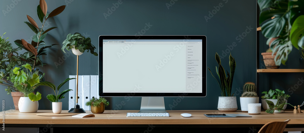 A computer monitor sits on a desk with a lamp and a potted plant by AI generated image A computer monitor sits on a desk with a lamp and a potted plant by AI generated image
