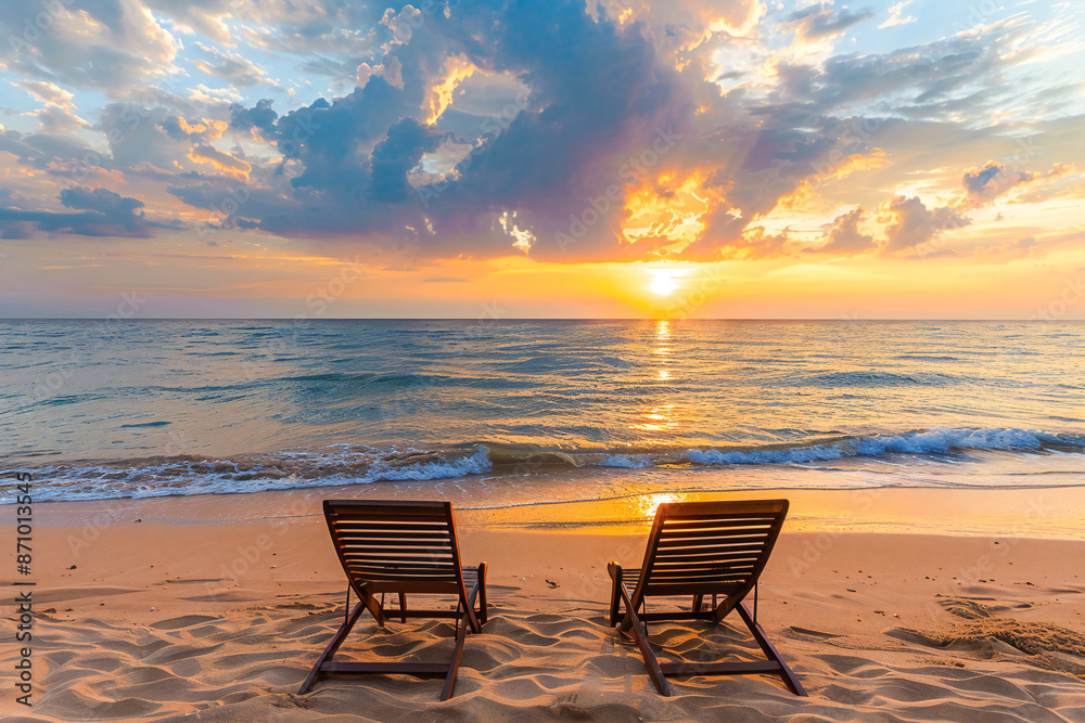 Paradise beach with sand two chairs and sunset sun on the background of the sea Paradise beach with sand two chairs and sunset sun on the background of the sea