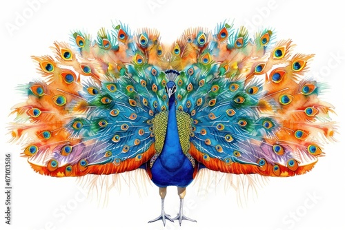 Peacock, bird, Pastel-colored, in hand-drawn style, watercolor, isolated on white background