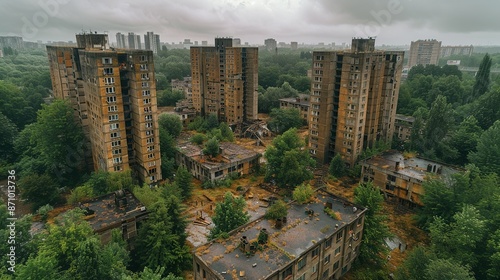 Captivating realistic photo of acid rain effects, showing the damage to buildings and forests, emphasizing the environmental consequences of industrial pollution on nature. , Minimalism,
