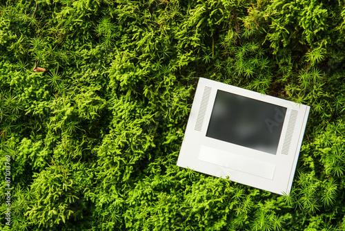 A single Polaroid photo with a blank white space for copy, lying on a lush green moss background