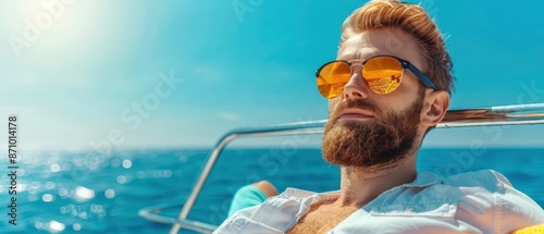 Man in sunglasses relaxing on a boat, sun shining on the water. photo