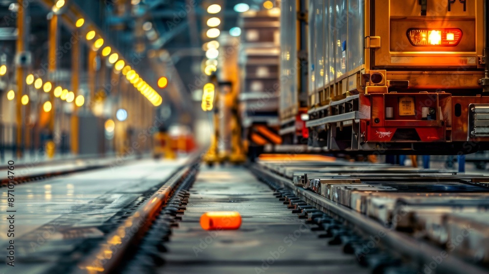 Obraz premium A train is on the tracks with a yellow light on the back