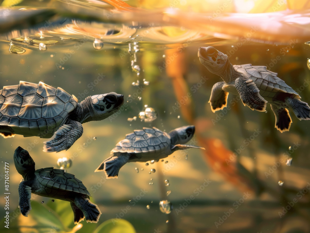 Obraz premium Baby Turtles Underwater, Generative AI Illustration
