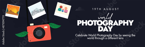 World Photography day celebration cover banner, background. 19th August Photography day cover banner with a polaroid camera, pictures. On this day Louis Daguerre developed the photography process. photo