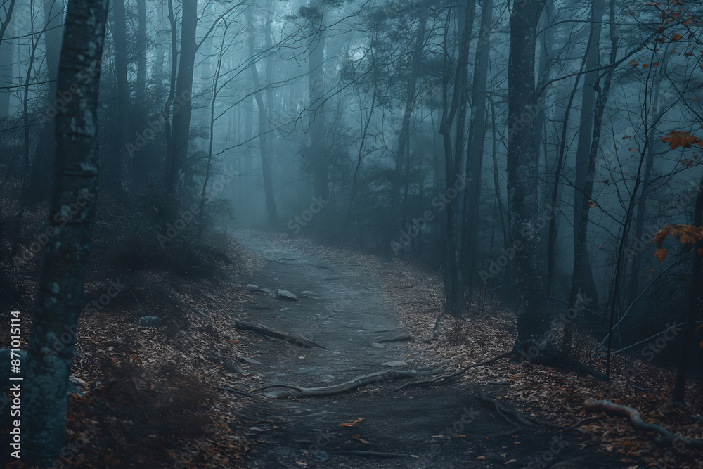 Obraz premium Foggy forest path, mysterious atmosphere, misty woods trail