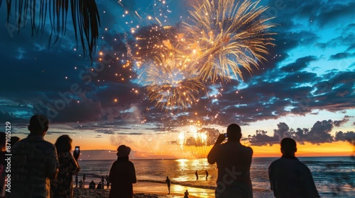 A group of people watching a breathtaking fireworks display on a beach during a stunning sunset, capturing both the natural beauty and vibrant celebration. photo