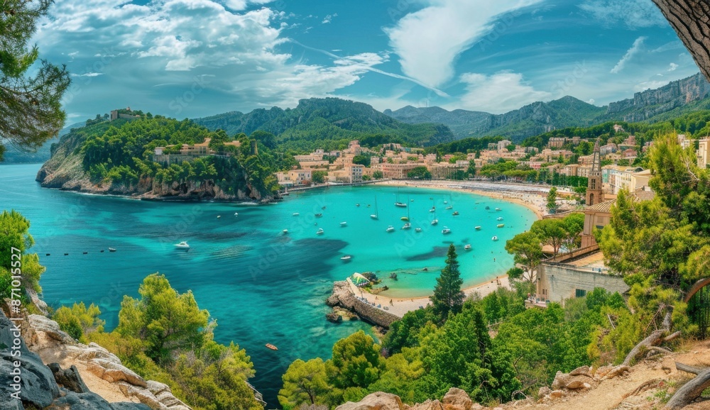 A panoramic view of the picturesque Port de Sóller in Mallorca, Spain with its colorful buildings and lush greenery overlooking beautiful beaches and turquoise waters Generative AI A panoramic view of the picturesque Port de Sóller in Mallorca, Spain with its colorful buildings and lush greenery overlooking beautiful beaches and turquoise waters Generative AI