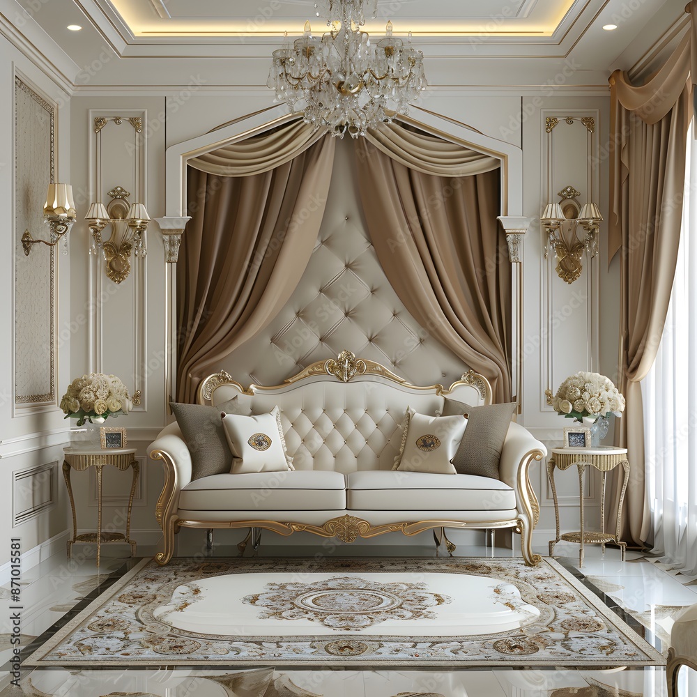 Classical room with sofa and classic white with brown curtains Classical room with sofa and classic white with brown curtains