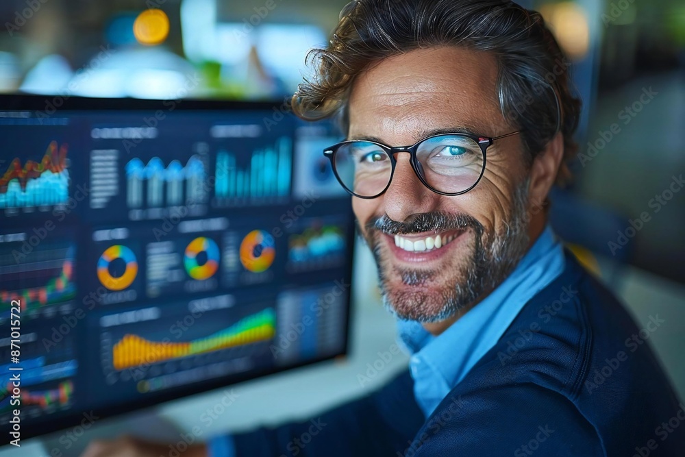 Smiling and focused businessman with eyeglasses analyzing a diagram on computer, highlighting increasing costs and profits for the company. Smiling and focused businessman with eyeglasses analyzing a diagram on computer, highlighting increasing costs and profits for the company.