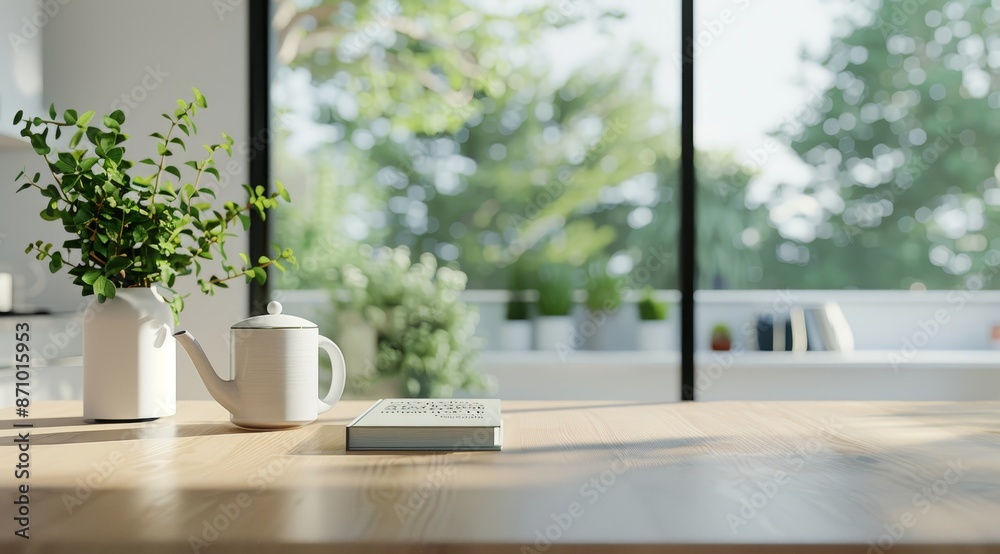 A table with a white tea kettle and a book on it by AI generated image A table with a white tea kettle and a book on it by AI generated image