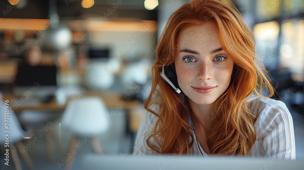 A red-haired woman sits at a laptop wearing a headset in an open-plan office, focused on her work. The background features a casual office environment with modern decor. A red-haired woman sits at a laptop wearing a headset in an open-plan office, focused on her work. The background features a casual office environment with modern decor.