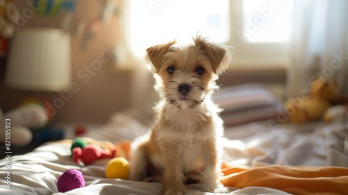 Puppy sitting on a bed in a sunlit bedroom with toys, soft and warm atmosphere. Cozy and playful home concept