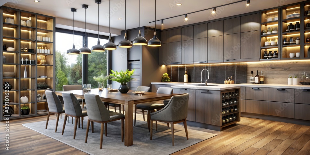 Modern kitchen with table, dining chairs, and wine storage. Modern kitchen with table, dining chairs, and wine storage.