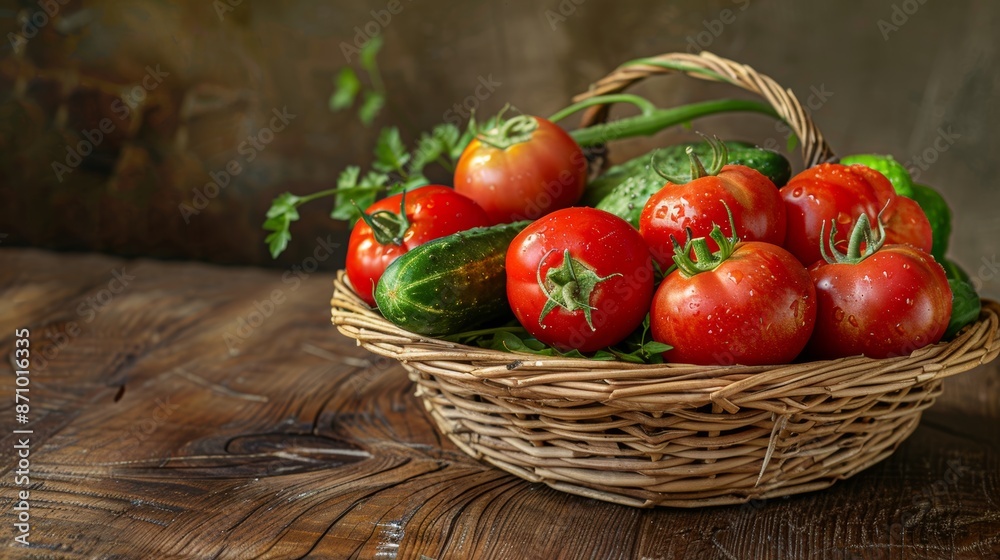 Freshly Picked Summer Vegetables in Wicker Basket on Wooden Table - Perfect for Recipe Blogs and Posters Freshly Picked Summer Vegetables in Wicker Basket on Wooden Table - Perfect for Recipe Blogs and Posters
