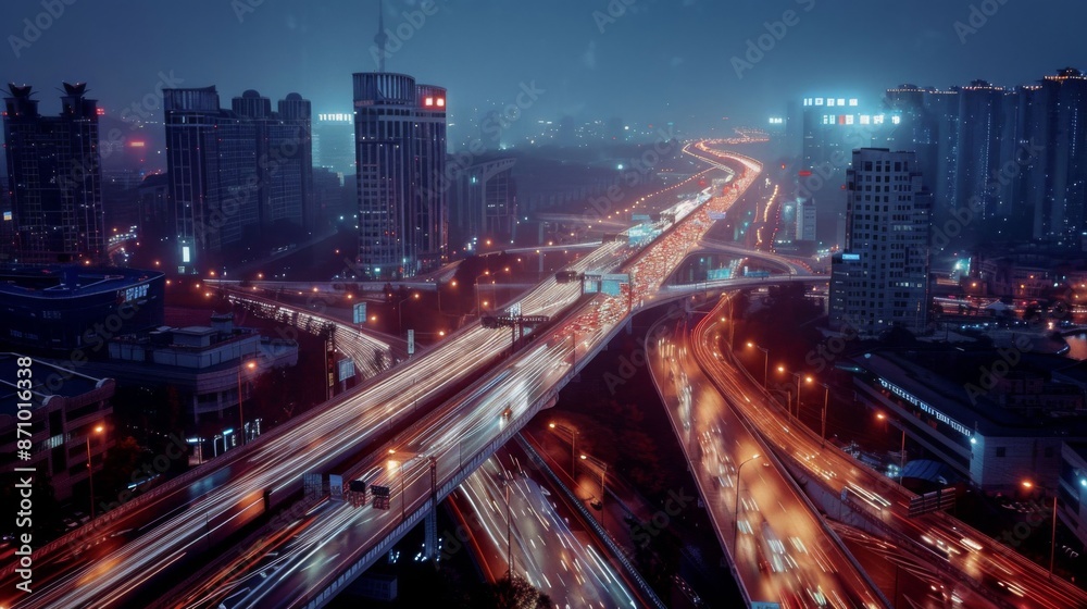 Obraz premium A city at night with a lot of traffic and a lot of lights