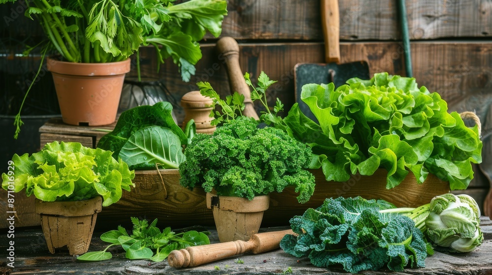 Fresh Vegetables Arrangement with Lettuce, Spinach, Kale, and Herbs on Rustic Wooden Table Fresh Vegetables Arrangement with Lettuce, Spinach, Kale, and Herbs on Rustic Wooden Table