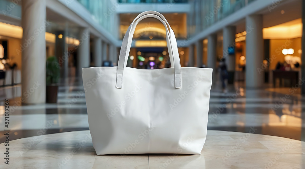 Blank white shopping tote bag mock up on table in shopping mall, template, background, copy space area
