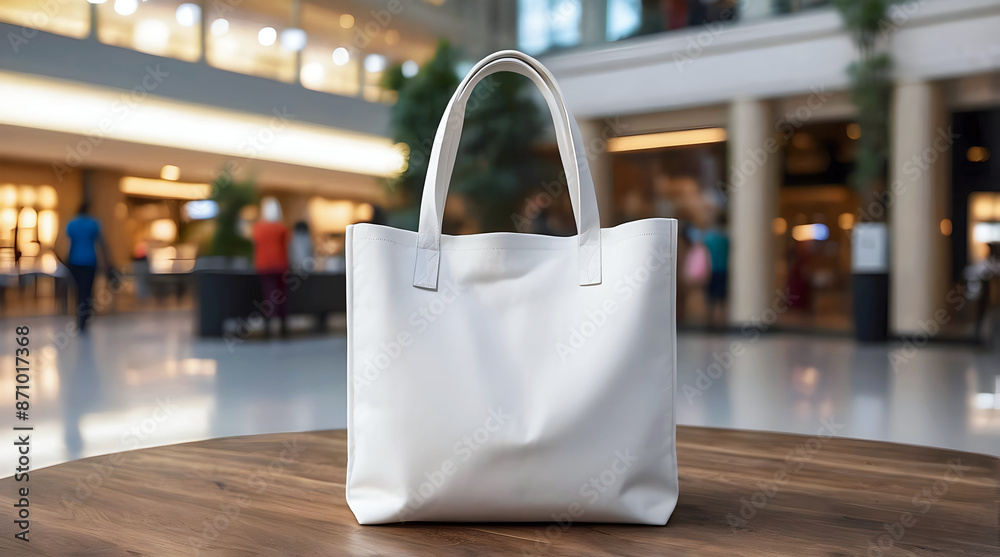 Blank white shopping tote bag mock up on table in shopping mall, template, background, copy space area