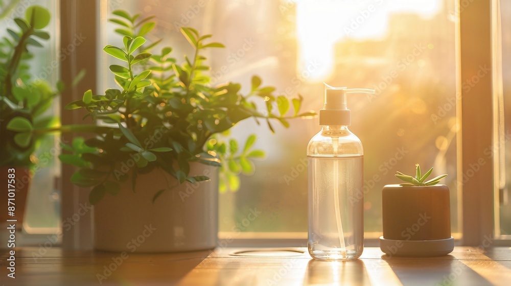Sunlit indoor plants and a bottle on a wooden surface by the window, creating a serene and refreshing atmosphere. Sunlit indoor plants and a bottle on a wooden surface by the window, creating a serene and refreshing atmosphere.