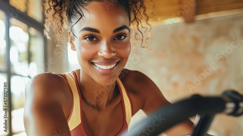 A smiling woman with curly hair is cycling indoors in a warmly lit room, dressed in a yellow athletic top, enjoying her workout in a well-ventilated space. photo