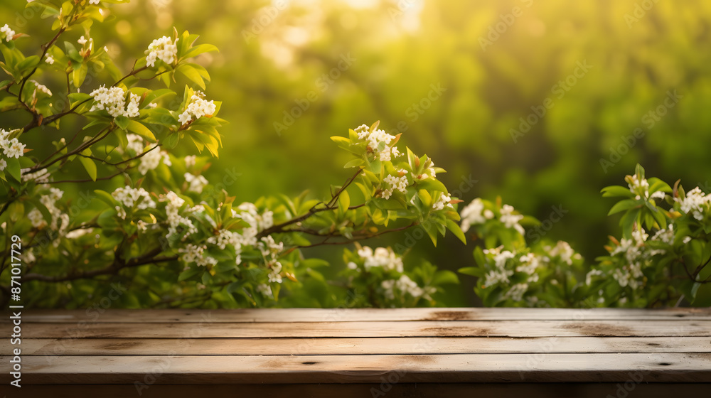 Spring Background with Lush Green Foliage and Flowering Branches with Wooden Table Spring Background with Lush Green Foliage and Flowering Branches with Wooden Table