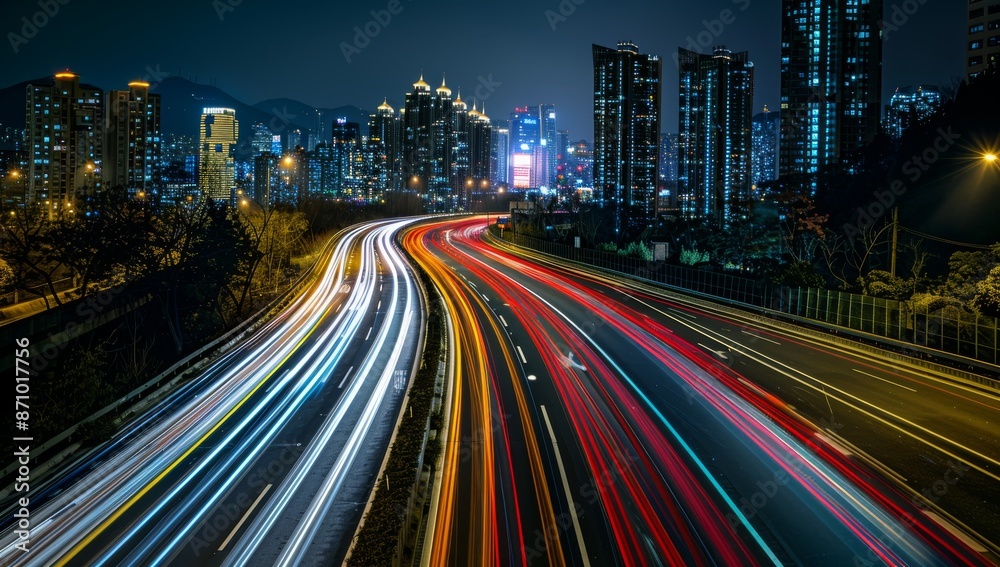 Fototapeta premium High-speed highway in the city, with tall buildings and street lights along it. Long exposure, Cityscape with Light Trails at Night